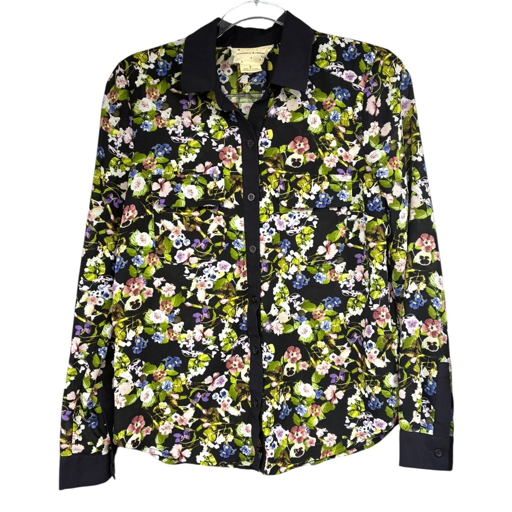 Anthropologie Coincidence Chance Black Dark Floral Blouse Contrast Collar Size S